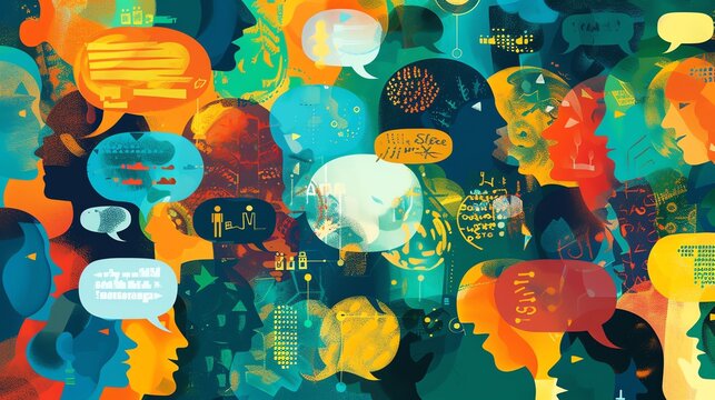 A group of people are having a conversation. The people are of different races and ethnicities, and they are all wearing different clothes.