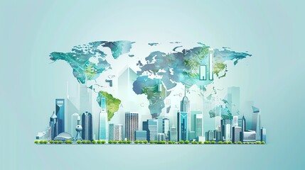 A modern cityscape with a detailed world map in the background. The image is in a blue and green color scheme and has a futuristic feel.