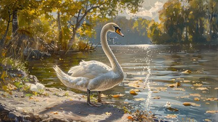 Fototapeta premium Swan strolling by the lakes edge