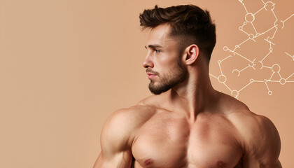 Fototapeta premium Muscular man and structural formula of testosterone on beige background, closeup