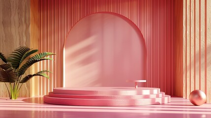 This is a 3D rendering of a pink podium with a pink background. There is a plant on the left side of the podium and a sphere on the right side.