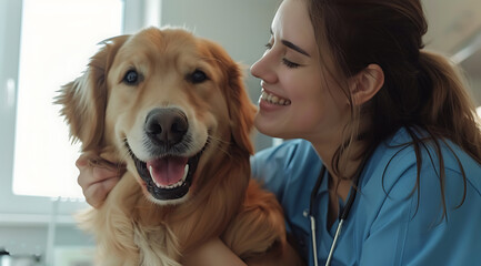 Female doctor blue scrubs gently petting cuddling golden retriever dog both smiling The background of the scene includes white walls and a bright window There are no other animals present in the room