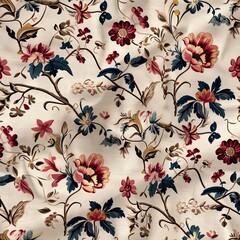 Cream Fabric With Burgundy, Peach, and Teal Floral Pattern
