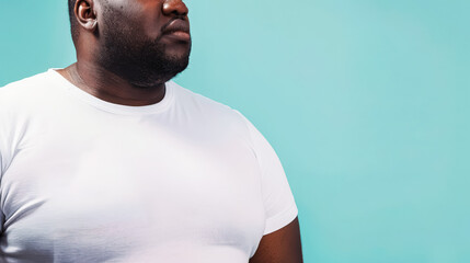 Fototapeta premium A black man with a white shirt is standing in front of a blue wall. The shirt is wet, and the man's face is covered in sweat. Concept of discomfort and exhaustion