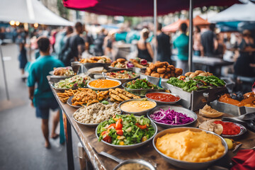 A variety of dishes displayed on a table showcasing different types of food such as vegetables,...