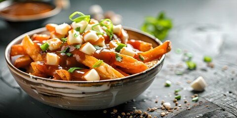 Delicious twist on classic poutine with sweet potato fries cheese curds sriracha gravy. Concept Sweet Potato Poutine, Gourmet Comfort Food, Sriracha Gravy, Cheesy Indulgence, Flavorful Twist