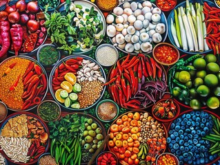 Colorful Pop Art Display of Isaan Food Ingredients and Their Health Benefits