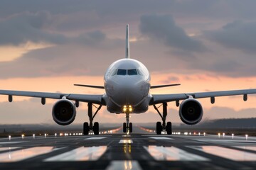 Airplane on Runway Preparing for Takeoff at Sunset, Aviation Industry