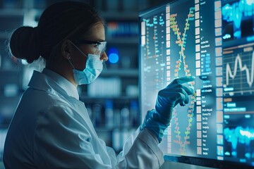 Female Scientist Examining DNA Data on a Large Screen in a Modern Laboratory