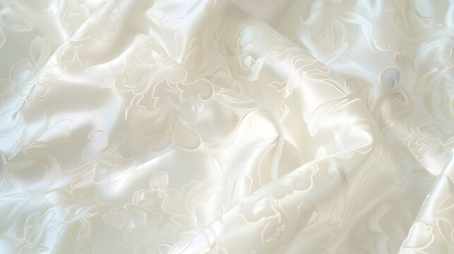 Elegant background image of luxurious white satin brocade wedding gown fabric with delicate floral pattern : Generative AI