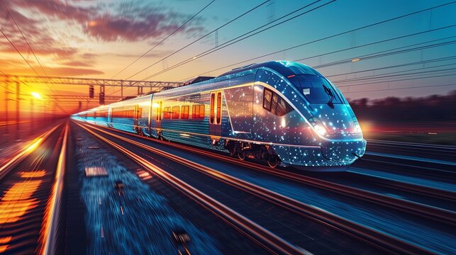 A high-speed train adorned with sparkling digital patterns dashes along the tracks at sunrise, showcasing the fusion of technology and modern transportation in a serene setting.