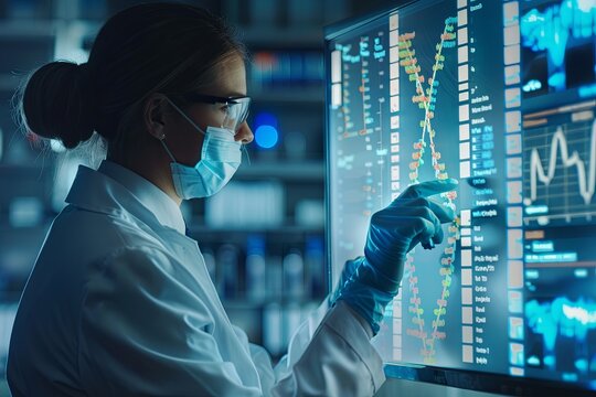 Female Scientist Examining DNA Data on a Large Screen in a Modern Laboratory