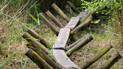 Close up view of Sweet Track ancient trackway, or causeway, in Shapwick Heath nature reserve, Somerset Levels in England UK