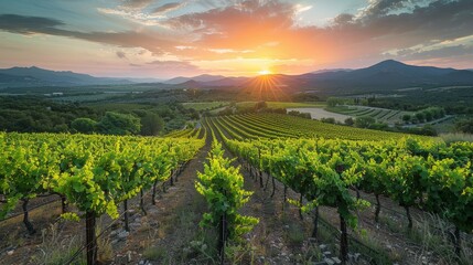 Fototapeta premium Sunset over vineyards in languedoc