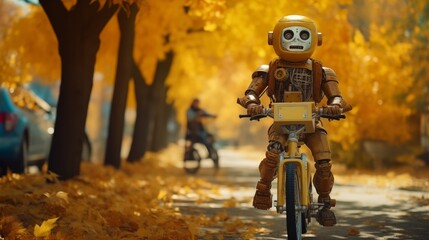 Happy humanoid robot rides a bicycle along the autumn alley. Robotic object experiences feelings and emotions. Concept of technology