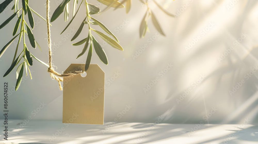 Poster blank paper gift tag label mockup with rope and olive tree branch on white table background in sunli