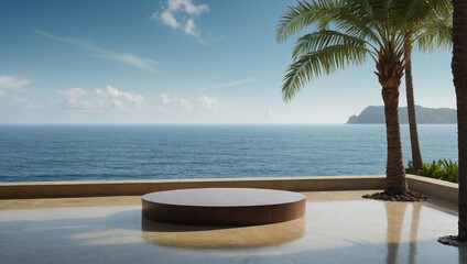 Empty pod infront of ocean with palm tree. Advertisement concept
