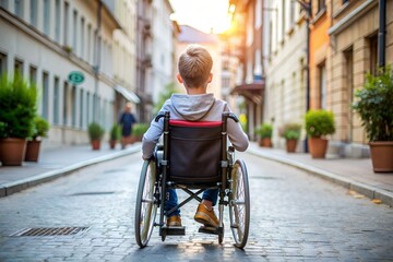 kid sit on wheel chair on street