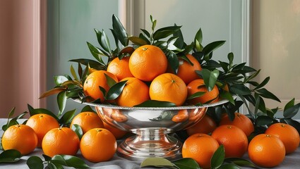 Fresh oranges in a shiny silver bowl