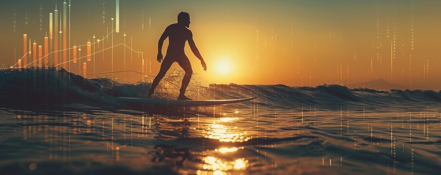 A surfer stands on the board catching a wave during a picturesque sunset, with visible stock market graph overlays - Powered by Adobe