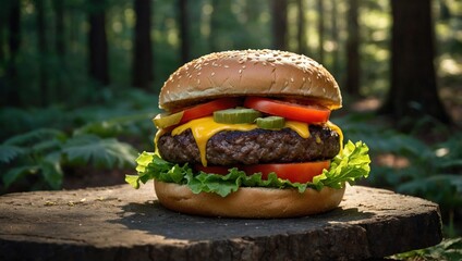 A hamburger on a stone in the midst of a forest