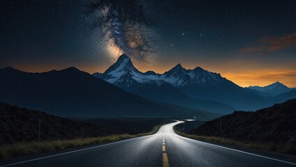 Brightly road to the mountains in night