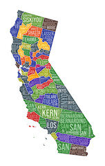 California shape. State word cloud with county division. California colored illustration. County names cloud. Vector illustration.