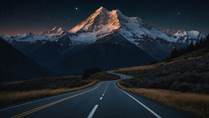 A dark road winding towards majestic mountains under a starry night sky