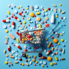 A Shopping Cart Overflowing With Colorful Pills and Syringes on a Blue Background. Generative AI