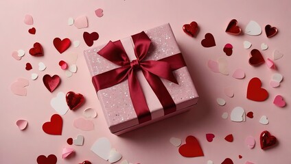 Gift box with red ribbon and hearts on pink background. A romantic surprise for your loved one