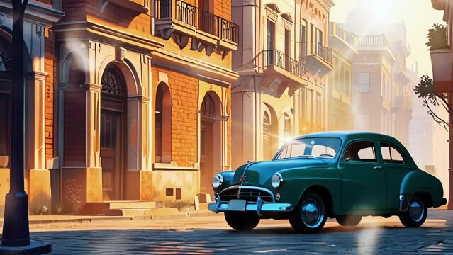 View of the old city with classic cars, in a smooth looping background with 4K video animation.