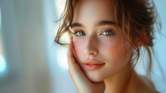 woman frecked face hand cheek alluring lips light cute freckles girl portrait make