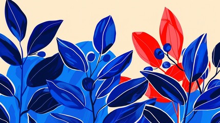 Fototapeta premium Vivid Blue Foliage Painting With Red Accents