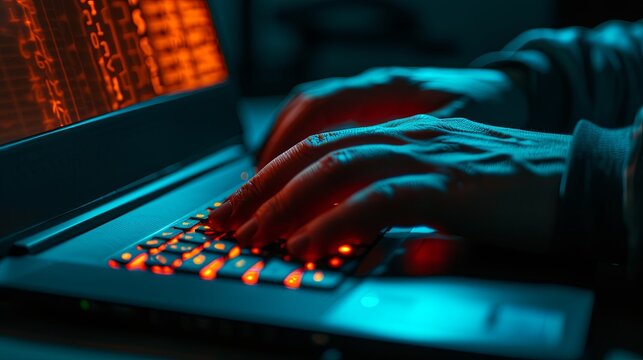 In the darkness, a hacker's fingers press the touchpad of a laptop. Virtual Reality. Glowing light graphs and lines. Illustration for banner, poster, cover, brochure or presentation.