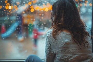 A contemplative young woman looks out a rain-spattered window, with blurred warm bokeh lights providing a cozy backdrop