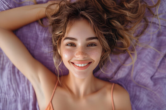 Photo of nice young girl  wear shirt isolated on violet color background