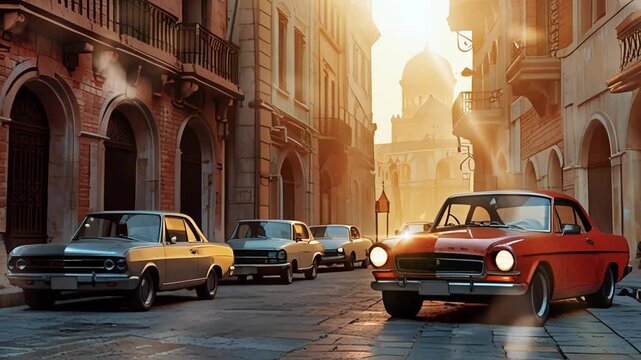 View of the old city with classic cars, in a smooth looping background with 4K video animation.