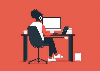 Modern Home Office Illustration with Woman Working at Computer and Coffee Cup