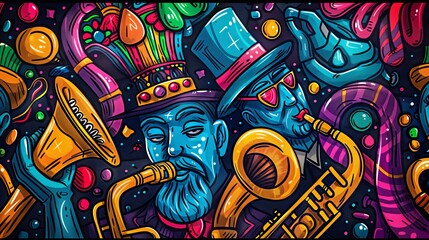 Obraz premium A colorful and vibrant illustration of a jazz band playing music. The background is filled with musical notes and colorful shapes.