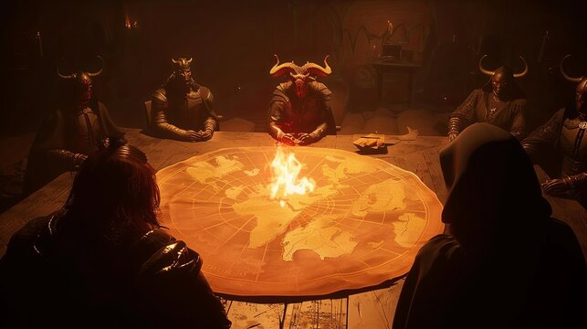 Group of people gathered around a table over a world map. A shadow government is plotting to conspire and seize power. The scene is tense and serious. Illustration for varied design.