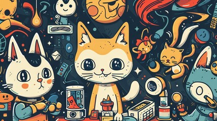 Obraz premium A cute cartoon cat is sitting in a room full of toys