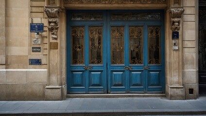 A blue door with intricate side details, adding elegance to its design