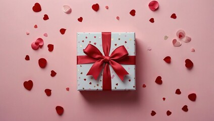 A gift box with a red ribbon and hearts on a pink background, symbolizing love and affection