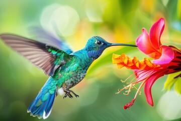 A vibrant hummingbird feeding on tropical flower