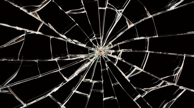 Broken glass on a dark background. After the impact, the glass surface has cracks diverging from the point of impact or bullet hit. The concept of destruction, vulnerability and fragility of existence