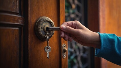 A woman hand opening the door by keys