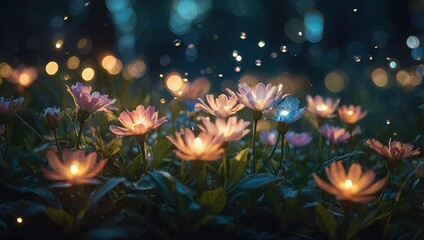 Brightly lit flowers standing out in the darkness