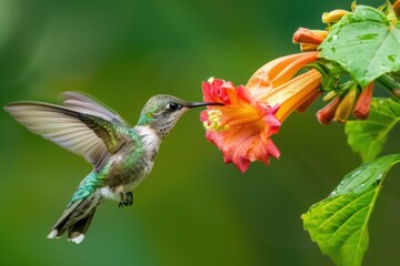 Fototapeta premium Calliope Hummingbird, the smallest bird in North America, sipping nectar from a trumpet vine 