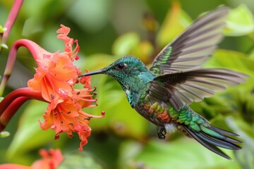 Fototapeta premium Glittering bellied Emerald Hummingbird with its sparkling green belly feeding from a red bloom --ar 3:2 --style raw Job ID: 1bdc45ea-896f-461b-a6b6-fd37274c822c