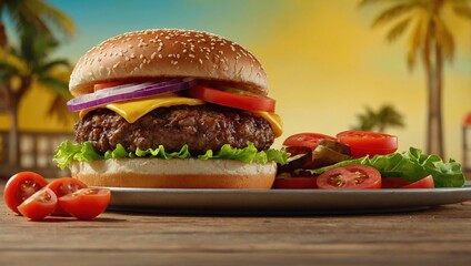 hamburger on a wooden table with yellow background 